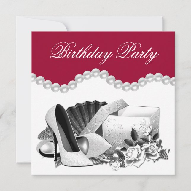 Invitación White Rose Pearls High Heels Red Birday Party (Anverso)