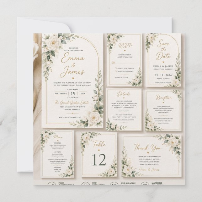 Invitación   White Rose Sage Green Wedding Invitation (Reverso)