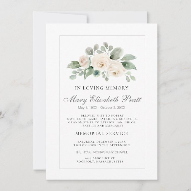 Invitación White Rose Watercolor Funeral Service (Anverso)