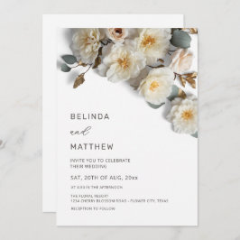 Invitación White Roses 3D Flowers Elegant White Wedding