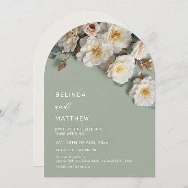 Invitación White Roses 3D Flowers Modern Arch Wedding (Anverso / Reverso)