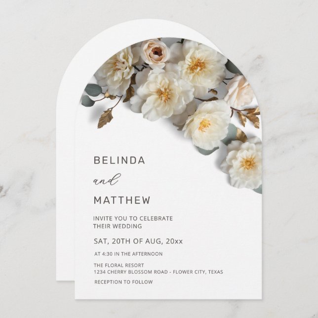 Invitación White Roses 3D Flowers Modern Arch Wedding (Anverso / Reverso)