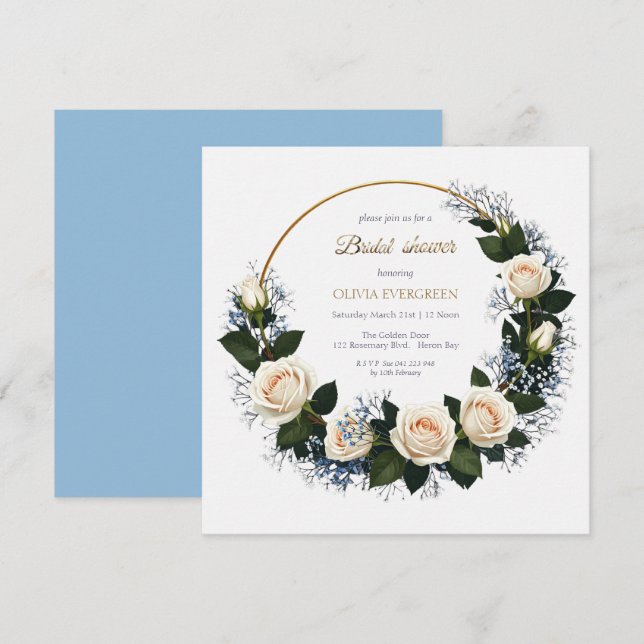 Invitación White Roses & Blue Baby’s Breath Bridal Shower (Anverso / Reverso)