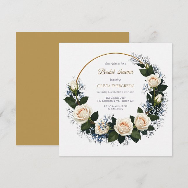 Invitación White Roses & Blue Baby’s Breath Bridal Shower (Anverso / Reverso)