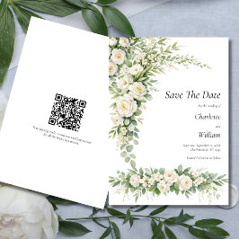 Invitación White Roses Cream Wedding Save The Date QR Code