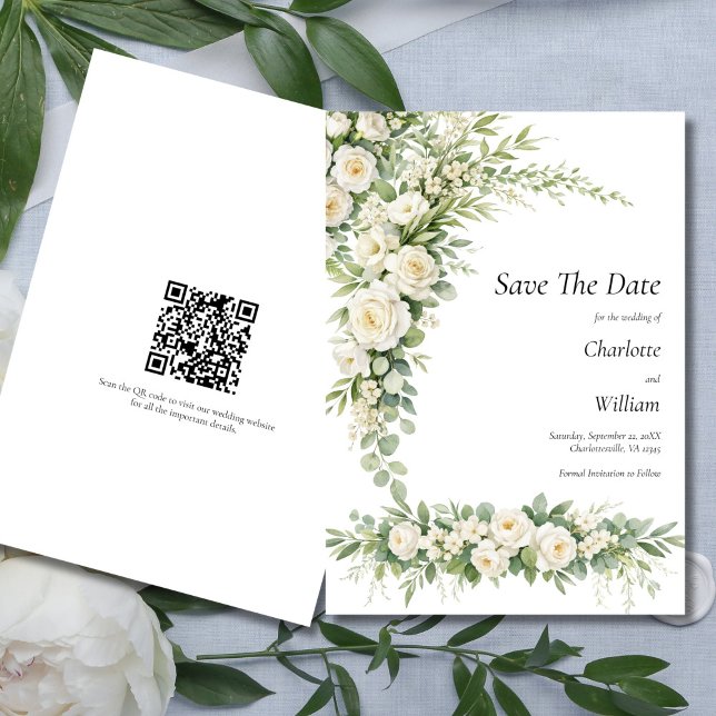 Invitación White Roses Cream Wedding Save The Date QR Code (White Roses Cream Florals Watercolor Elegant Wedding Save the date card)