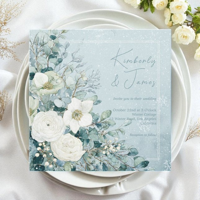 Invitación White Roses Hellebores Silver Eucalyptus Wedding (White Roses Hellebores Silver Eucalyptus Wedding Invitation)