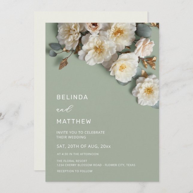 Invitación White Roses Realistic Flowers Wedding (Anverso / Reverso)