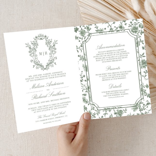 Invitación White Sage Green Chinoiserie Crest QR Code Wedding (Subido por el creador)