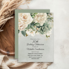 Invitación White Sage Green Floral Gold 30 cumpleaños
