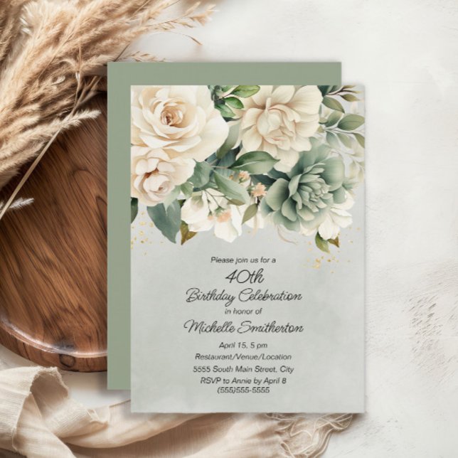 Invitación White Sage Green Floral Gold 40 cumpleaños (White and sage green floral 40th birthday party invitation)