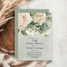 Invitación White Sage Green Floral Gold 70 cumpleaños