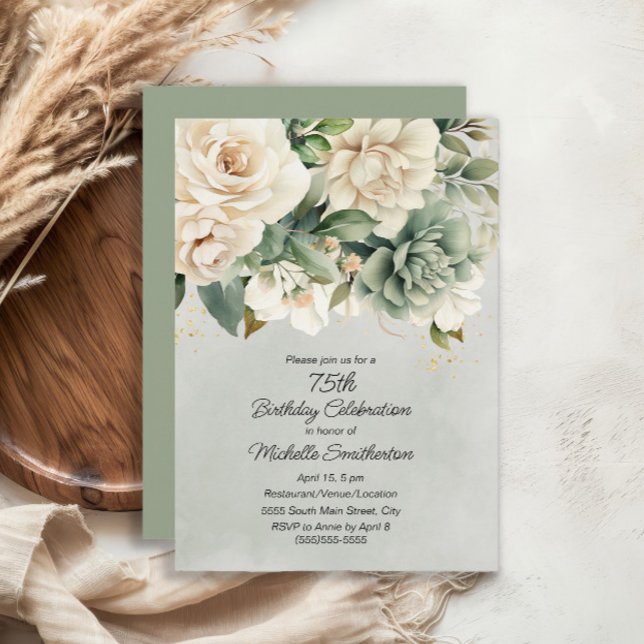 Invitación White Sage Green Floral Gold 75 cumpleaños (White and sage green floral 75th birthday party invitation)