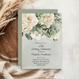 Invitación White Sage Green Floral Gold Cumpleaños 21