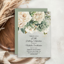 Invitación White Sage Green Floral Gold Cumpleaños 60
