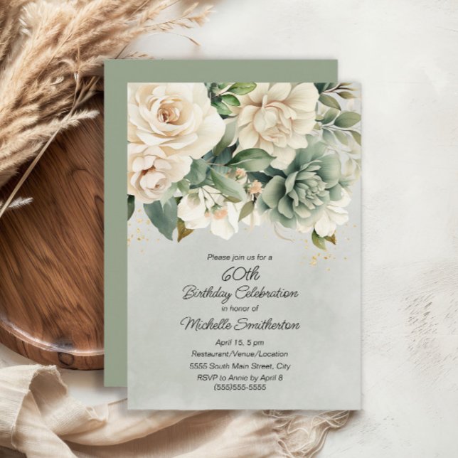 Invitación White Sage Green Floral Gold Cumpleaños 60 (White and sage green floral 60th birthday party invitation)