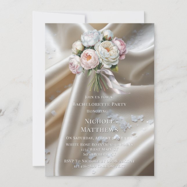 Invitación White Satin Roses and Peony Bachelorette Party (Anverso)