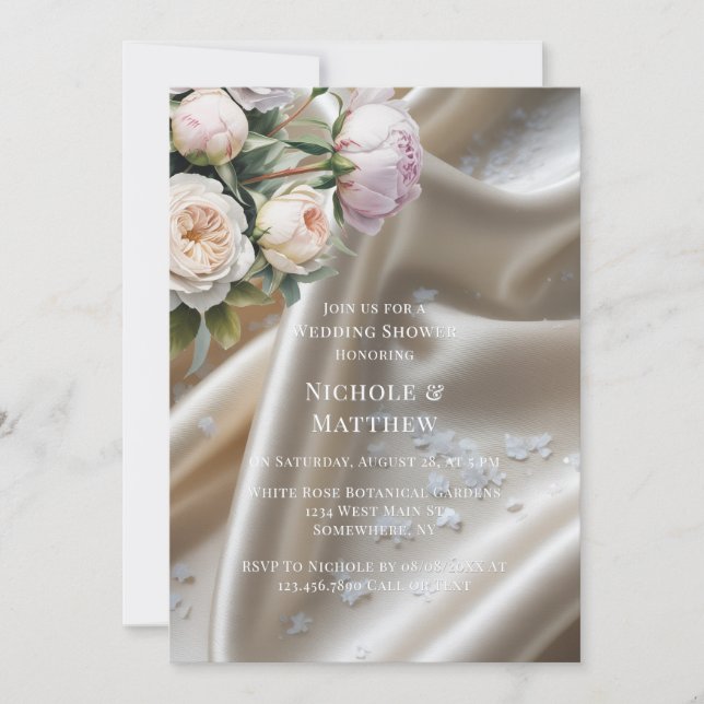 Invitación White Satin with Roses and Peony Wedding Shower (Anverso)