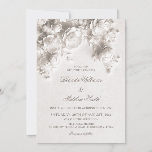 Invitación White Sculptured Floral 3D Roses Wedding  (Anverso)