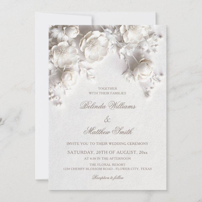 Invitación White Sculptured Flowers 3D Roses Wedding (Anverso)