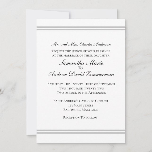 Invitación White Silver Clásico Elegante Formal Boda (Anverso)