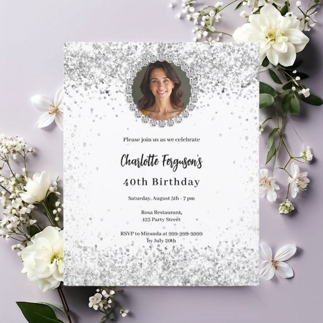 Invitación White silver photo diamonds birthday (Subido por el creador)