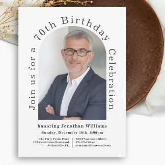 Invitación White Simple Photo Arch 70th Birthday Party