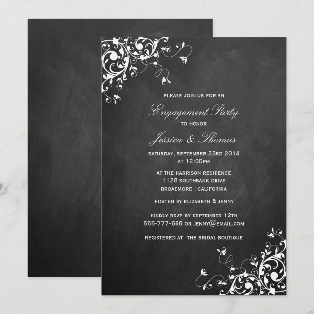 Invitación White Swirls En El Partido De Compromiso De Chalkb (Anverso / Reverso)