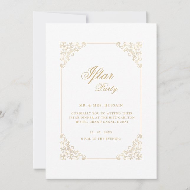 Invitación White Vintage Gold Calligraphy Script Iftar Party (Anverso)
