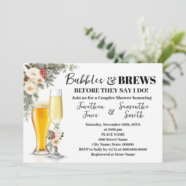 Invitación White Winter Floral Bubbles & Brews Bridal Shower (Anverso de pie)