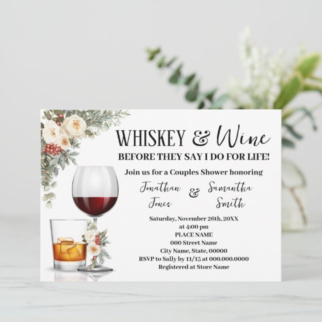 Invitación White Winter Floral Whiskey & Wine Couples Shower (Anverso de pie)