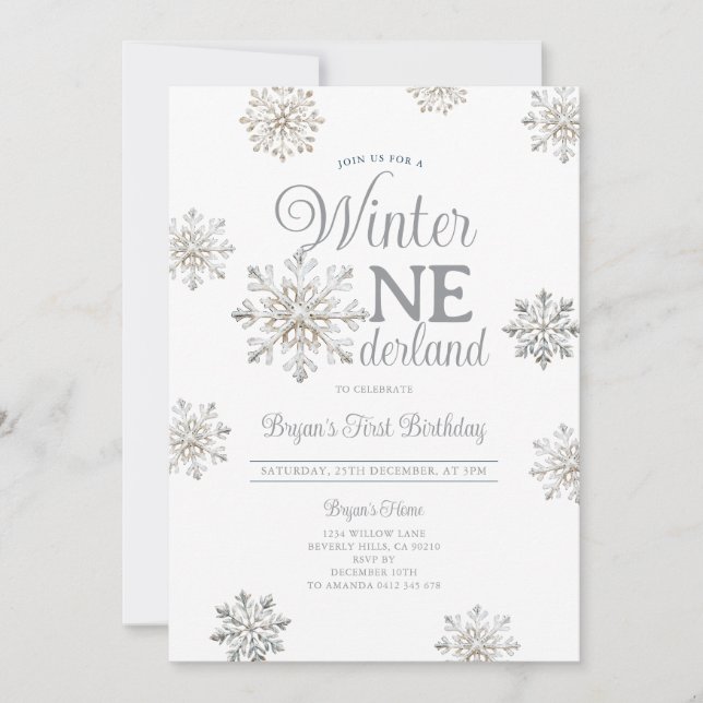 Invitación White Winter Onederland Silver Snowflakes Birthday (Anverso)