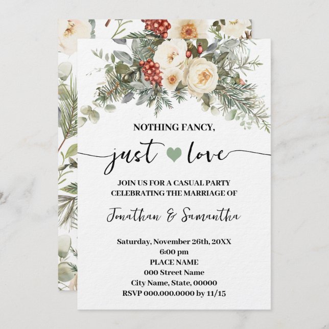Invitación White Winter Wedding Nothing Fancy Just Love  (Anverso / Reverso)