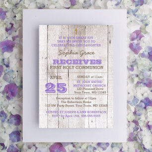Invitación Whitewash Lilac Rustic Primera Comunión Santa