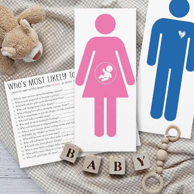 Invitación Who's Most Likely To Baby Shower Game Mommy Card (Funny Who's Most Likely To mommy-to-be fun couples shower game pink female stick figure answer card)