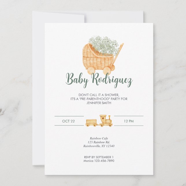 Invitación Wicker and Wood Baby - Sage Green (Anverso)