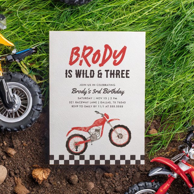 Invitación Wild and Three Red Dirt Bike Boy tercer cumpleaños (Subido por el creador)