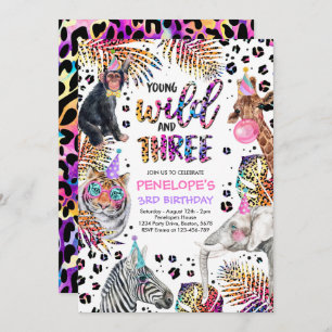 Invitación Wild And Three Safari Rainbow Cheetah Tercer Cumpl