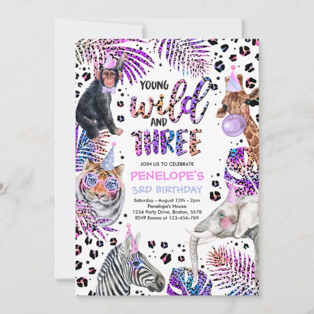 Invitación Wild And Three Safari Rainbow Cheetah Tercer Cumpl (Anverso)