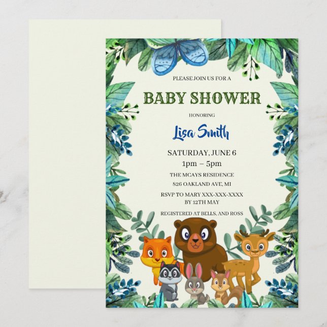 Invitación Wild Animals Woodland Forest Greenery Baby Shower (Anverso / Reverso)