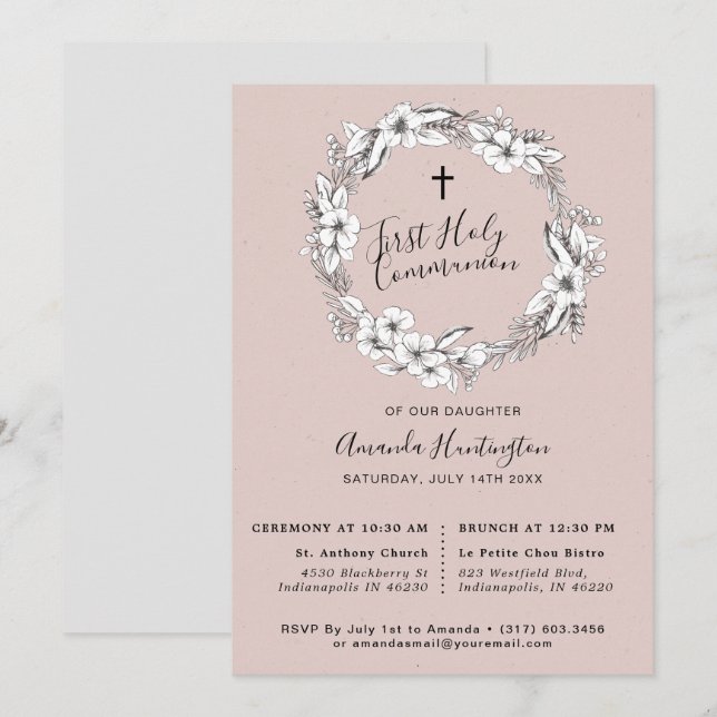 Invitación Wild Bouquet First Holly | Rosa | (Anverso / Reverso)