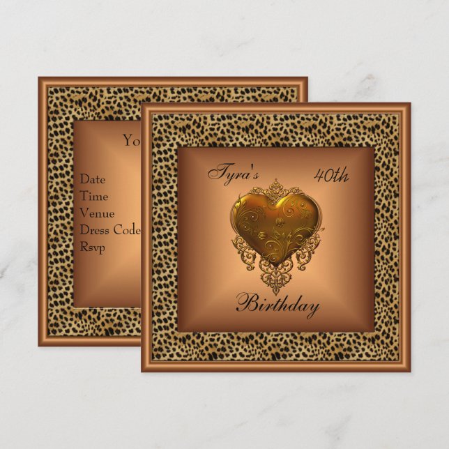 Invitación Wild Bronze Heart Jewel Gold Elegant 40 cumpleaños (Anverso / Reverso)