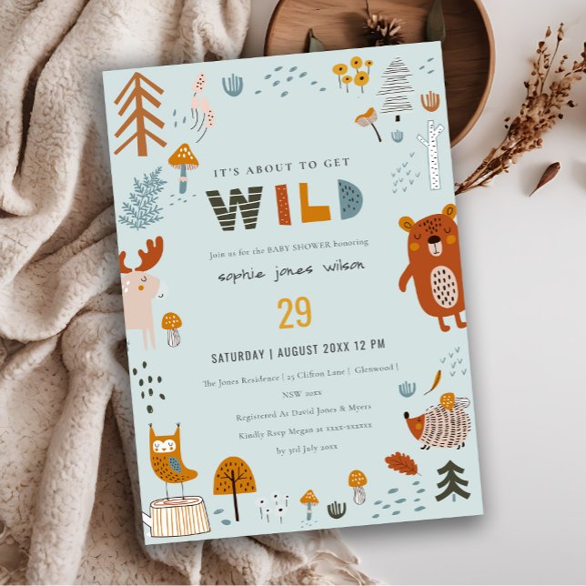 Invitación Wild Dusky Blue Woodland Animals Baby Shower (Subido por el creador)