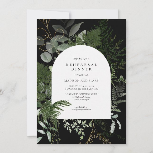 Invitación Wild Fern Greenery Boda negro Ensayo Cena (Anverso)