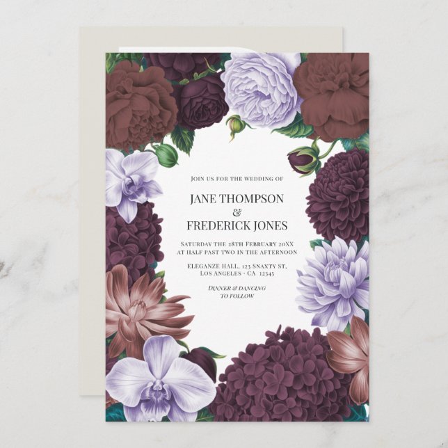 Invitación Wild Fig, Cocoa Rose & Soft Lavender Wedding (Anverso / Reverso)