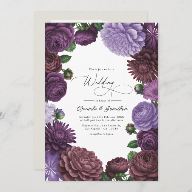 Invitación Wild Fig, Cocoa Rose & Soft Lavender Wedding (Anverso / Reverso)