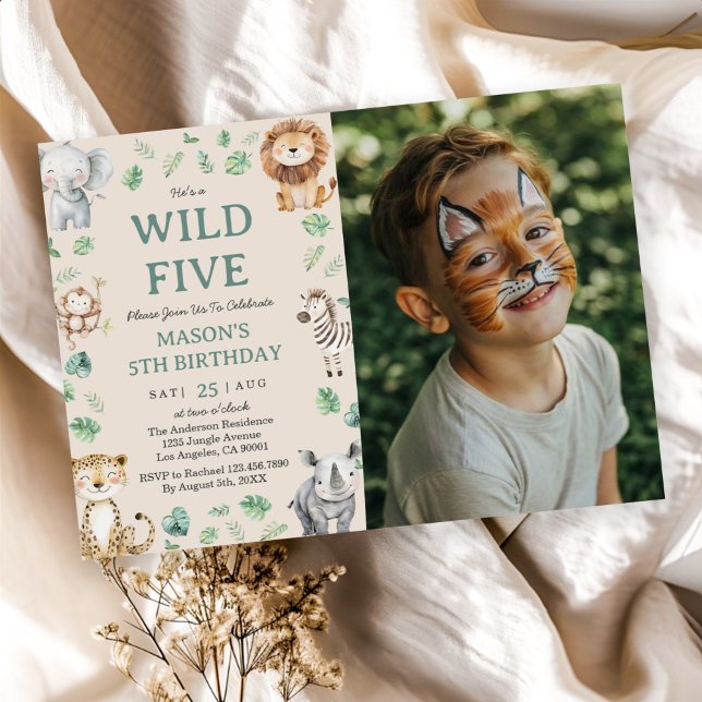 Invitación Wild Five Jungle Safari Animals Birthday Photo (Subido por el creador)
