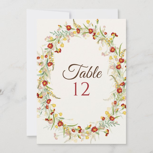 Invitación Wild Flower Marigold Foliage Wedding Table Number (Anverso)