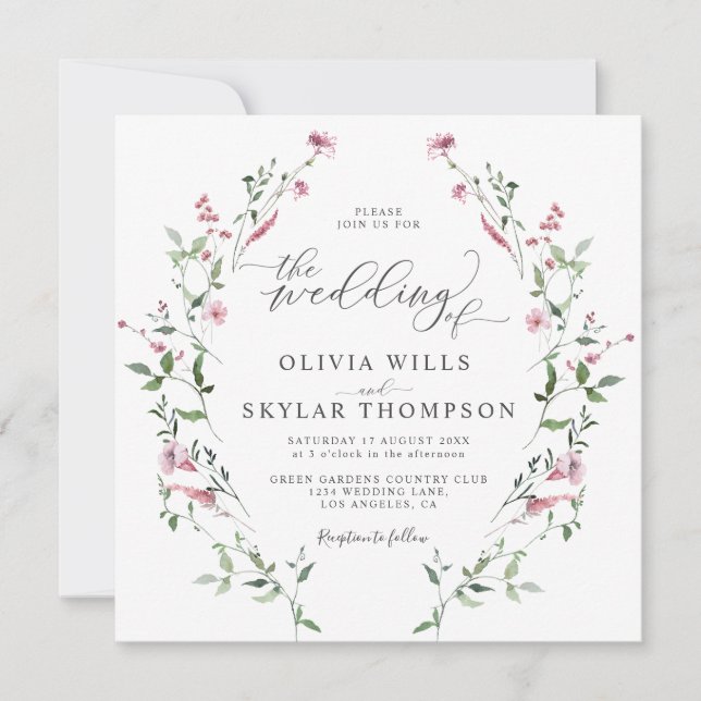 Invitación Wild Flowers Garden Rubor Dusty Rosa Boho Boda (Anverso)