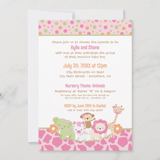 Invitación Wild Jungle Animals Baby Girl Shower Invitation (Anverso)